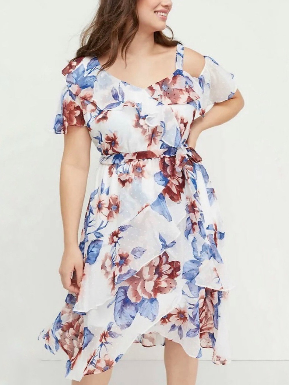 NWT Lane Bryant Dress Ruffle Clip Dot Floral Asymmetric Cutout Shoulder White